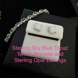 Sterling Sky blue topaz Tennis bracelet & Opal Earrings
